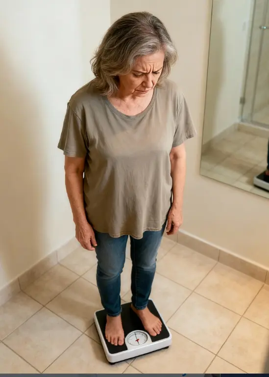 Woman standing on bathroom scale, looking down.