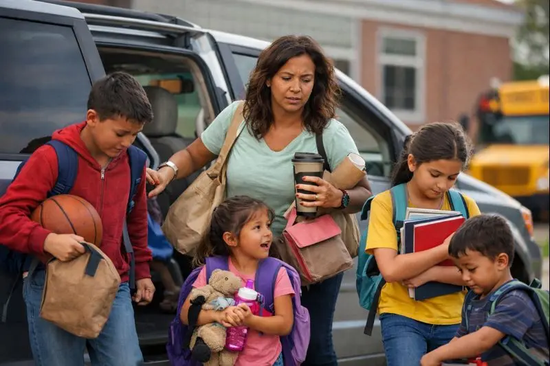 Family exiting car near school bus.