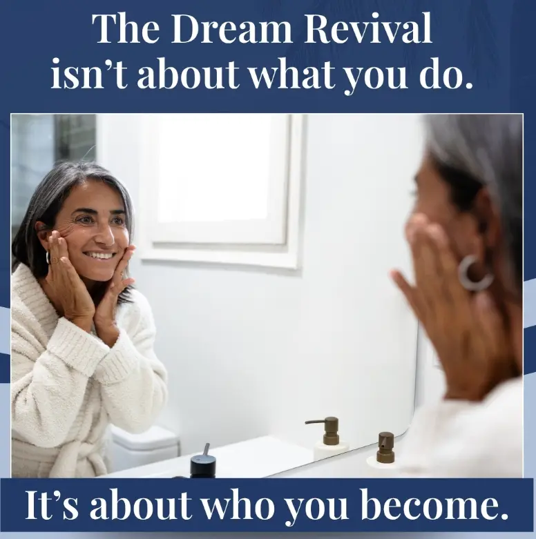Woman smiling at mirror, motivational text overlay.
