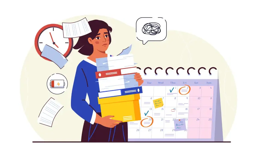 Woman holding documents in front of calendar.