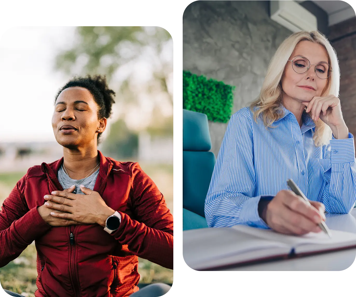 Two women meditating and writing in notebooks.